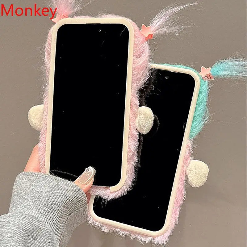 Fundas de teléfono de dibujos animados 3D divertidas de felpa para iPhone 17 Pro Max, funda 17air 16 Plus 15 14 13 12 11, funda protectora suave peluda DIY