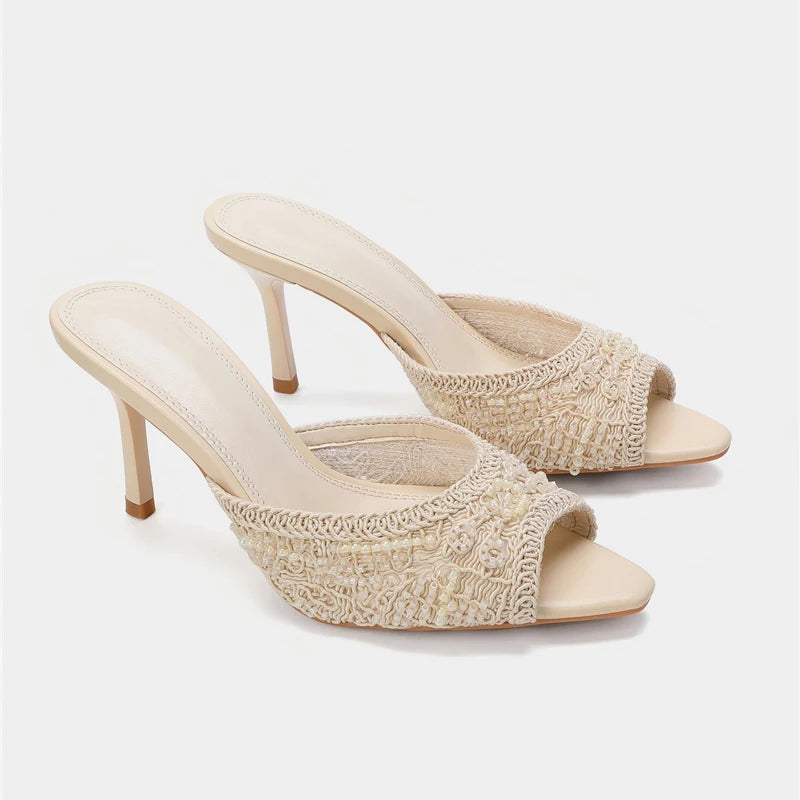 Aligaia 2026 Elegantes Sandalias de Tacón Alto para Mujer, con Cuentas, Punta Abierta, Casuales, de Diseñador, para Verano