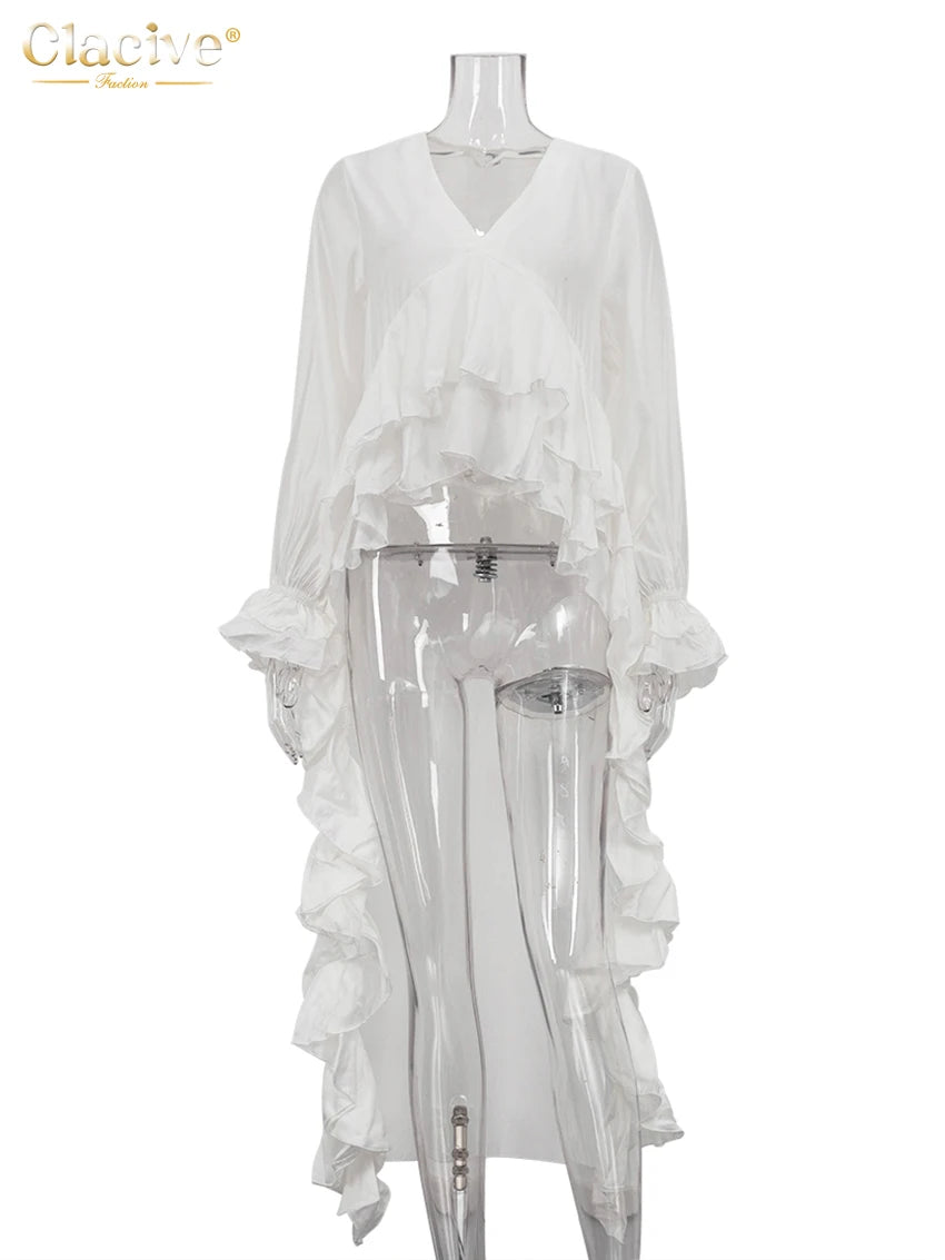 Clacive-Camiseta blanca holgada para mujer, camisas de manga larga con cuello en V a la moda, Top Irregular con volantes elegantes, ropa femenina 2025