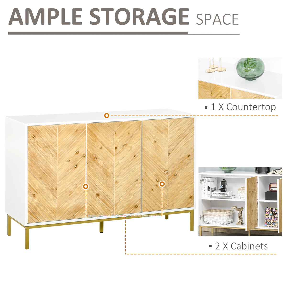 Aparador de 3 Puertas, Mueble de Cocina, Mueble para Cafetería con Patrón Chevron, Estante Ajustable y Patas de Metal, Madera Natural