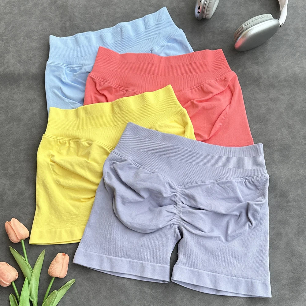 Pantalones cortos deportivos para mujer, pantalones cortos de gimnasio con banda baja acanalada de 4,5 ", mallas sin costuras para entrenamiento y Yoga