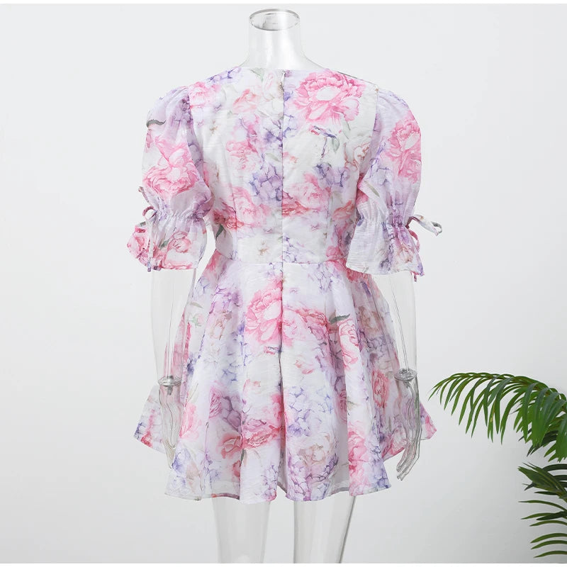 Vestido corto de gasa rosa dulce para mujer, moda con flores en 3D, manga abombada grande, cuello en V, cintura alta, línea A, Vestidos en capas, batas de señora nueva