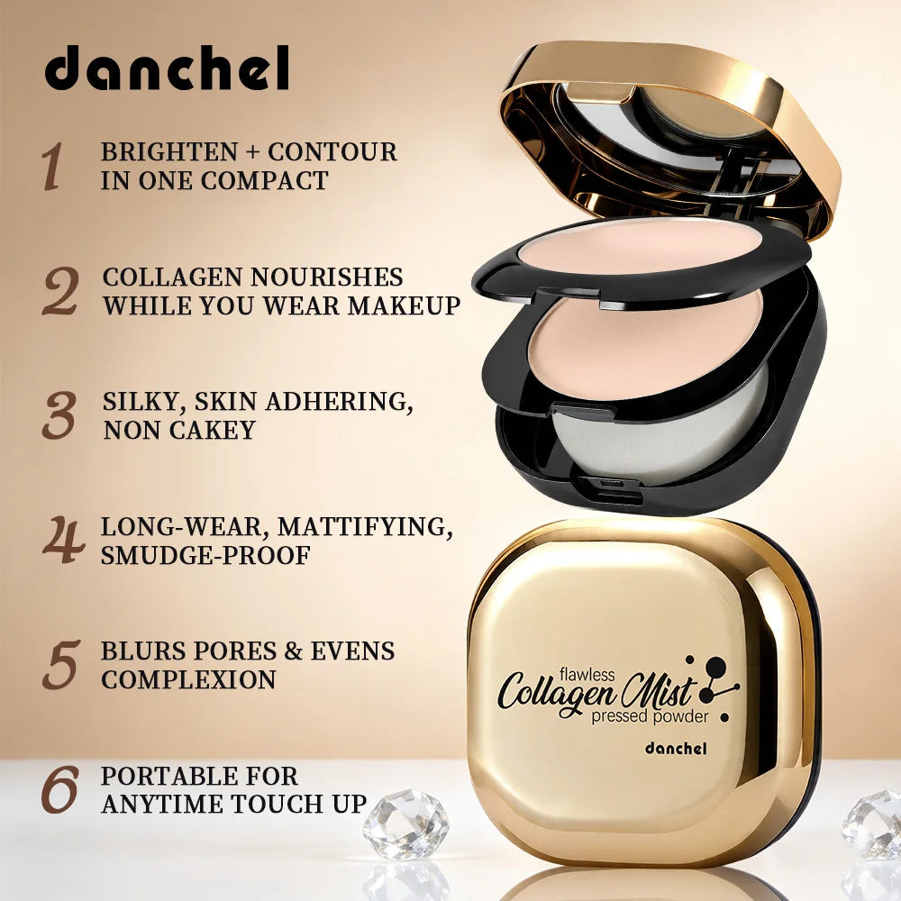 Polvo Compacto de Colágeno de Doble Capa, Control de Grasa, Acabado Mate, Maquillaje Facial de Larga Duración, Contorno e Iluminador para Mujeres, Belleza Diaria