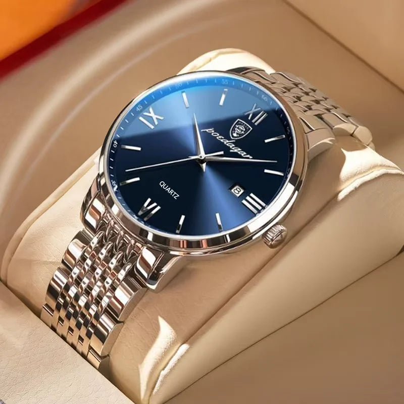 POEDAGAR, relojes de negocios de lujo para hombre, reloj de pulsera resistente al agua de acero inoxidable con fecha para hombre, reloj de pulsera de cuarzo Simple a la moda para hombre