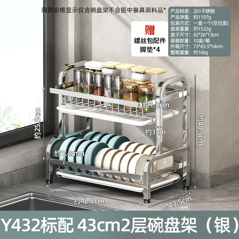 Estante para vajilla de 3 niveles, secado de platos de acero inoxidable 304 con bandeja, soporte de almacenamiento para mostrador de cocina con organizador de tabla de cortar
