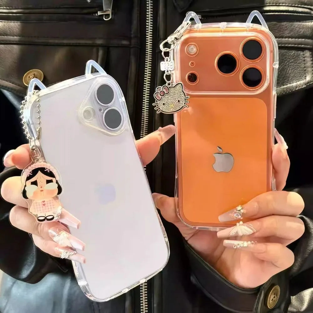 Funda Transparente con Orejas de Gato para iPhone 17 12 13 14 15 16 E Pro Max 11 7 Xr X Xs Max, Carcasa Protectora Antigolpes