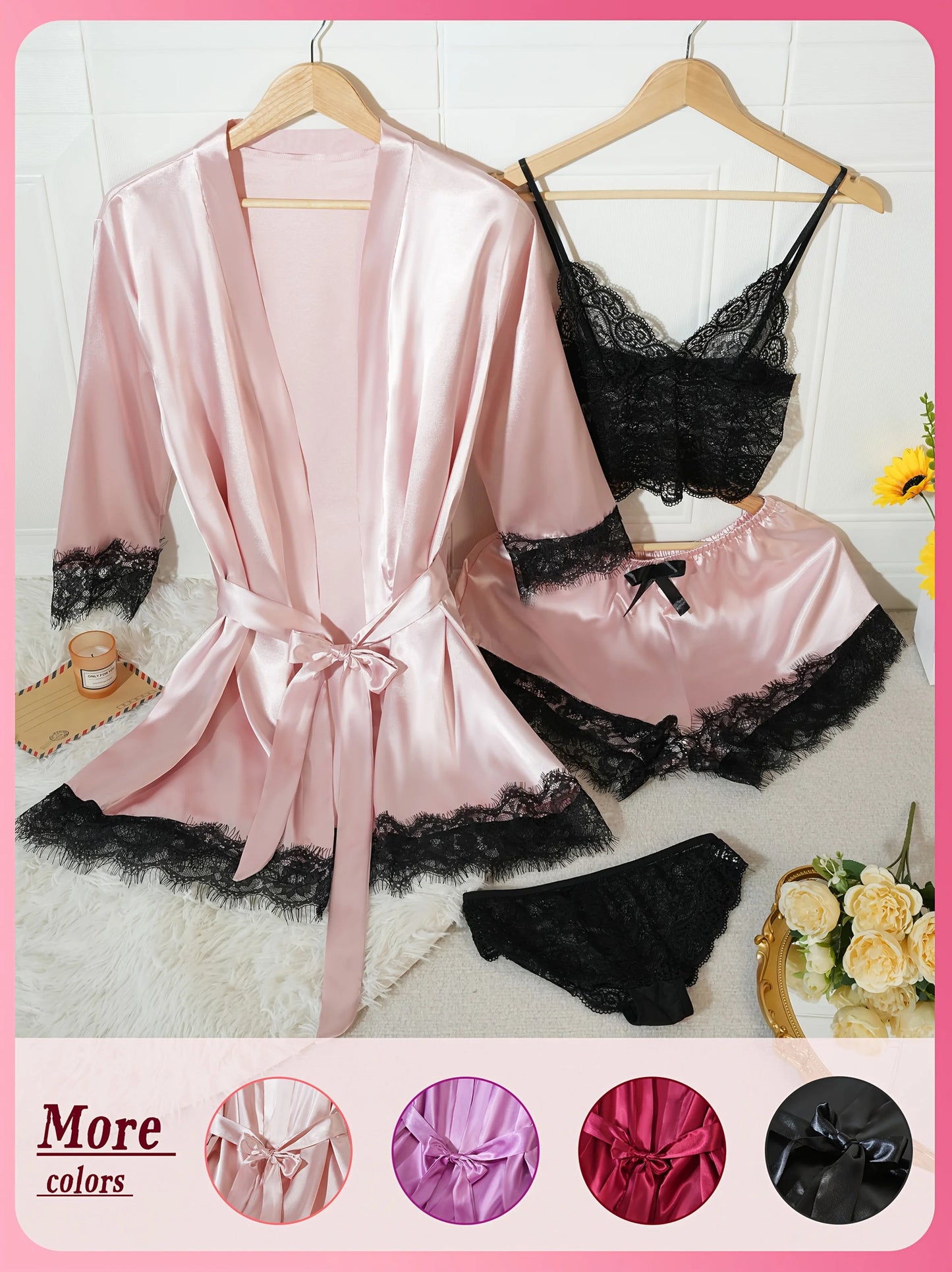 Conjunto de pijama de satén para mujer, bata de lencería de encaje, ropa de dormir Sexy de seda, camisón de satén suave, camisón, 4 Uds.