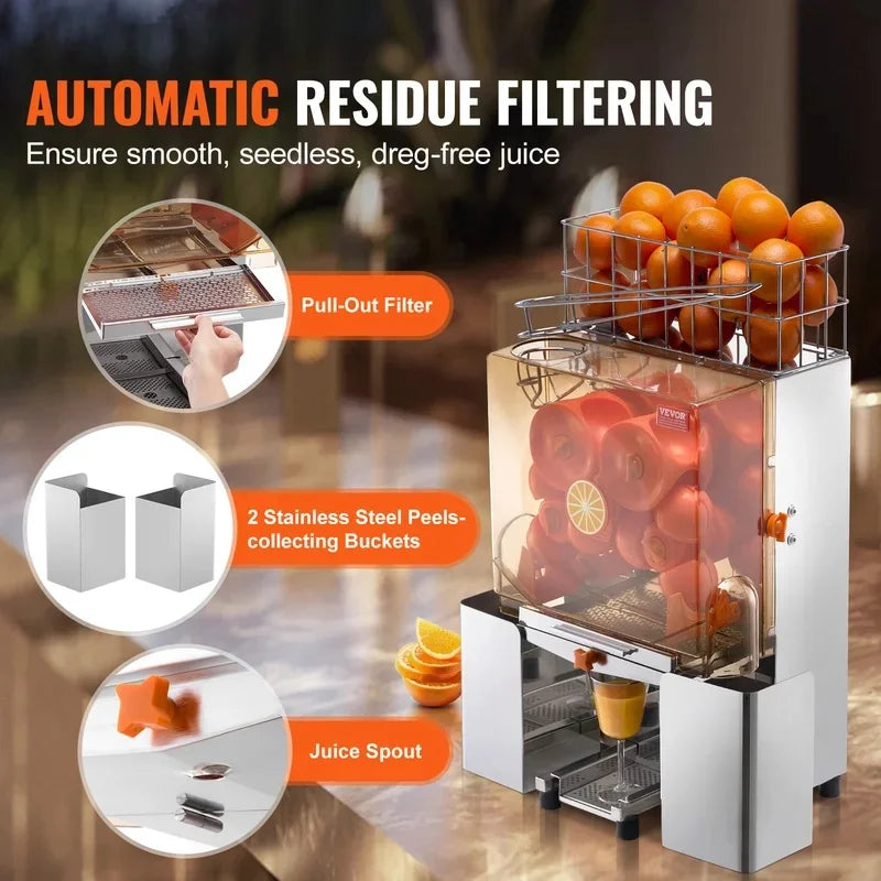 Exprimidor de Naranjas Comercial Automático de Acero Inoxidable con Caja de Filtro Extraíble ﻿