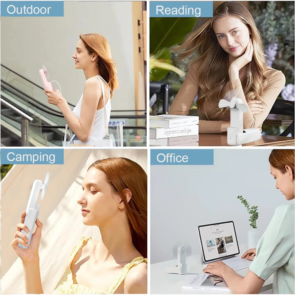 Ventilador portátil 2000mAh USB recargable 3 velocidades Mini ventilador plegable de mano pequeño ventilador de viaje de bolsillo con práctico banco de energía