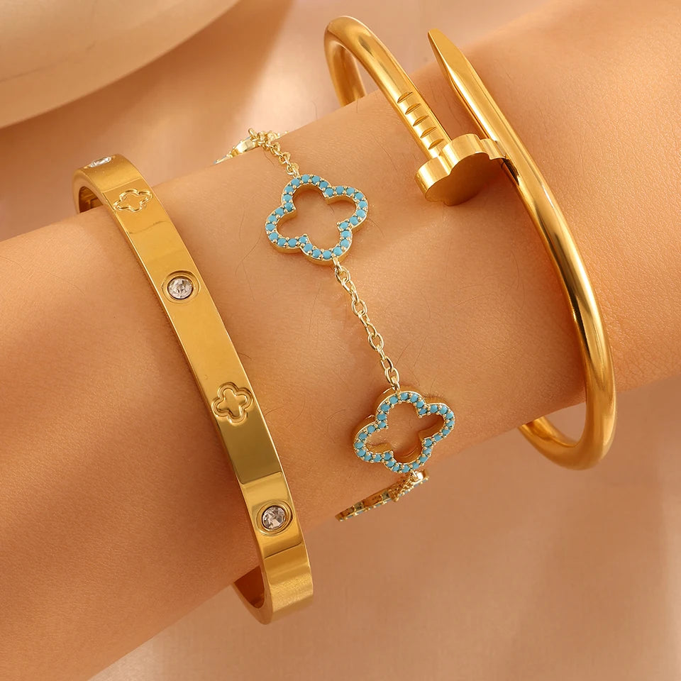 Pulsera de Acero Inoxidable Chapada en Oro con Cuatro Flores Apiladas, Brazaletes Brillantes con Circonita, Regalo de Joyería para Parejas