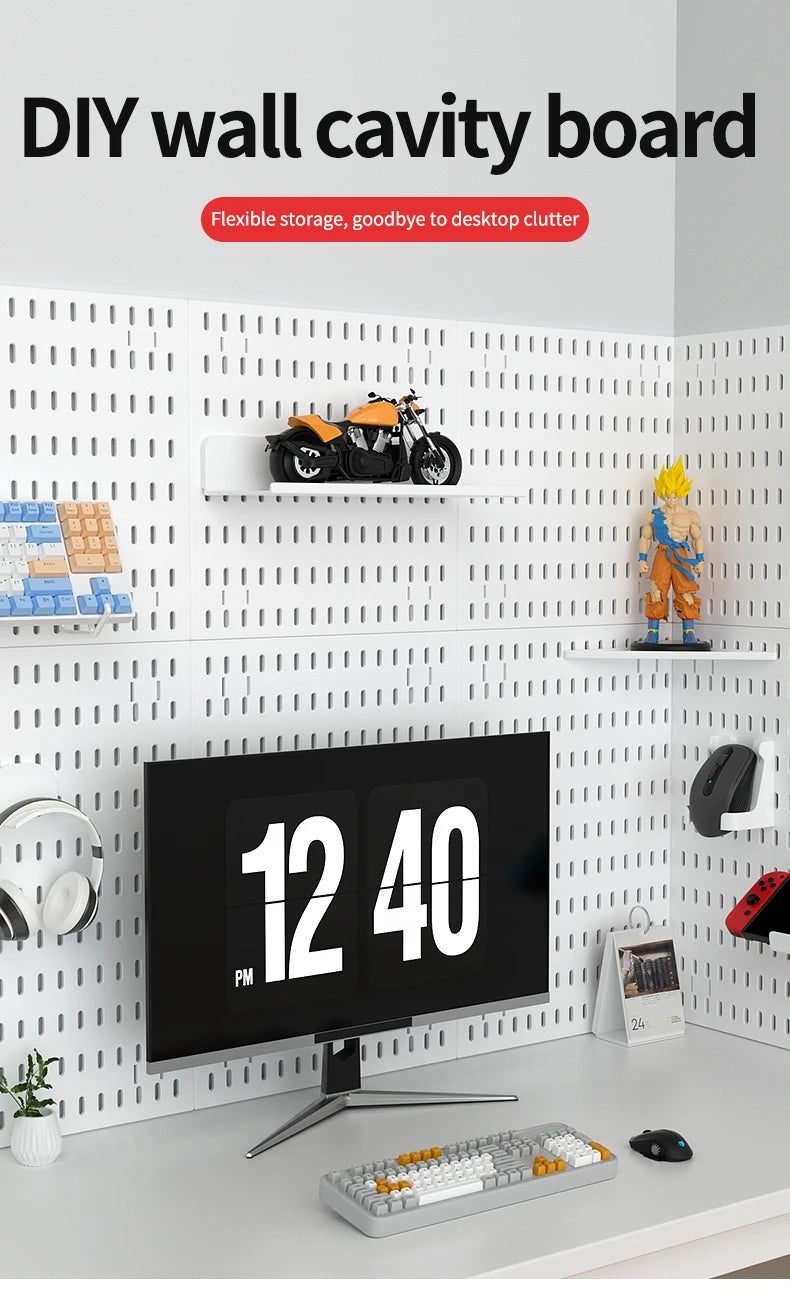 Kit organizador de pared combinado con tablero perforado DIY: paneles colgantes modulares, instalación sin perforaciones, ideal para exhibición de pared de habitaciones artesanales