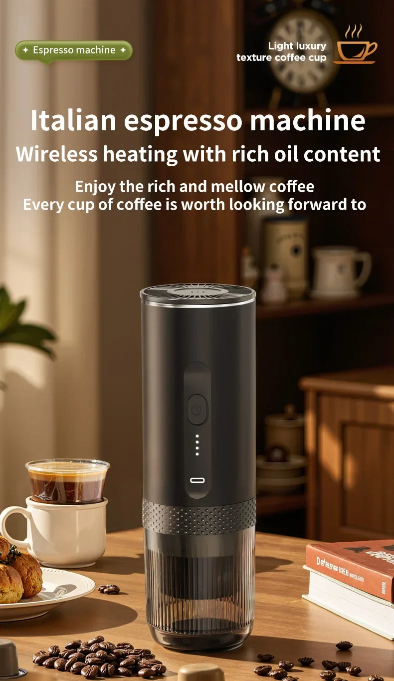 Cafetera Espresso eléctrica inalámbrica 2 en 1 para coche y hogar, cafetera portátil para acampar, cafetera de viaje en polvo cápsula