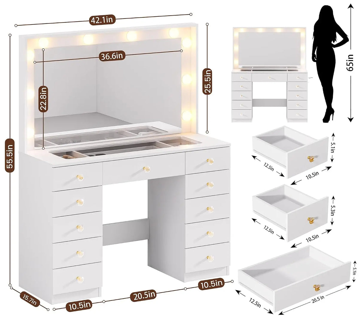 Tocador con Espejo Grande y 10 Luces LED, Escritorio de Tocador con Cubierta de Cristal, 11 Cajones con Tiradores de Cristal, Mesa de Maquillaje, Personalizable