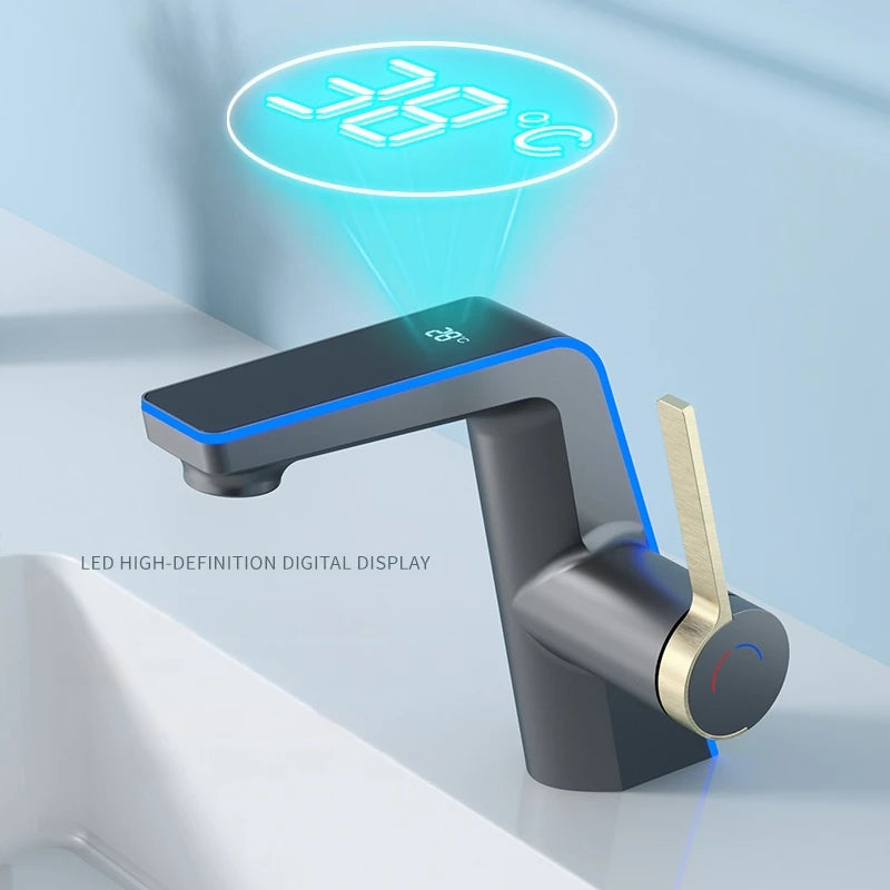 Grifo de lavabo de alta gama con pantalla de temperatura, luz LED, 2 modos de pulverización, mezclador de agua fría y caliente, grifo de lavabo de un solo orificio para baño
