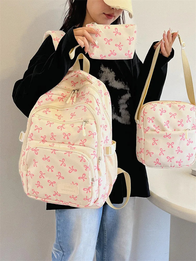 Juego de 3 Bolsas Escolares con Lazo, Mochila de Gran Capacidad, Mochila Casual de Viaje, Mochila Versátil, Bolsa Cruzada, Bolsas para Niñas