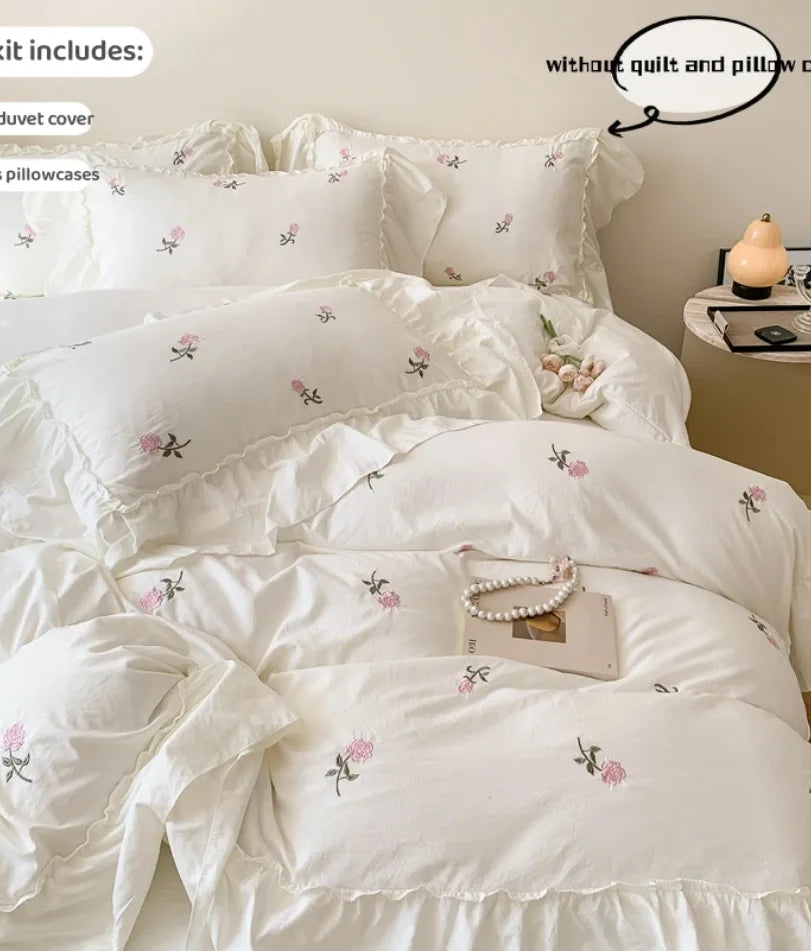 Juego de funda nórdica bordada con rosas de 3 piezas (1 funda nórdica + 2 fundas de almohada, sin núcleo), juego de cama de encaje estilo princesa