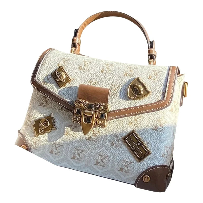 Bolso de hombro clásico retro con remaches, diseño de bloques de color, pequeño y cuadrado, para uso diario, material PU, cierre de hebilla.