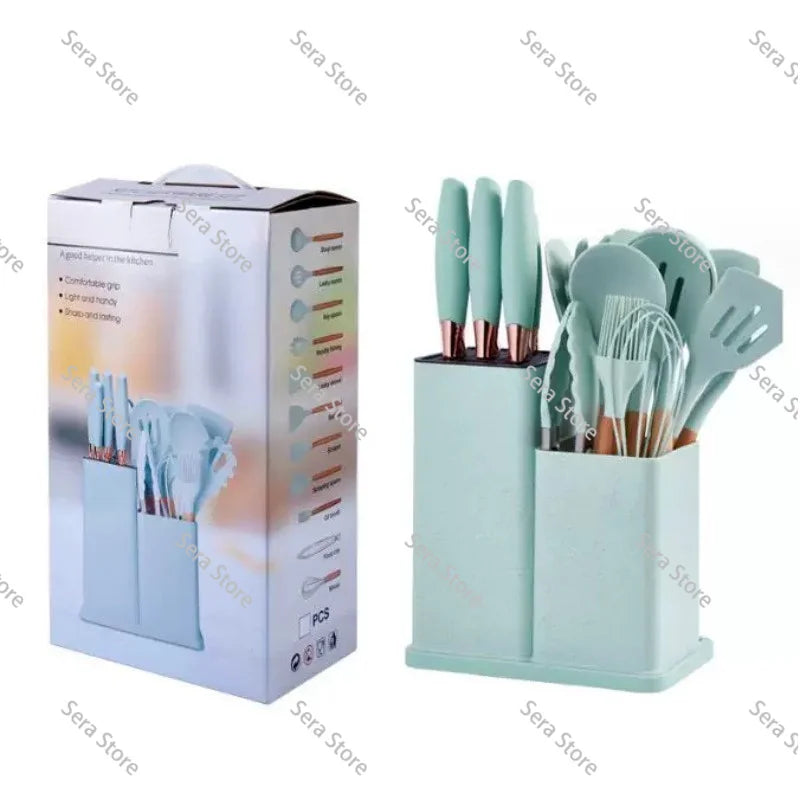 Juego de Utensilios de Cocina de Silicona de 19 Piezas, Sartén Antiadherente, Espátula para Cocinar con Cubo de Almacenamiento, Juego Combinado de Cuchillos