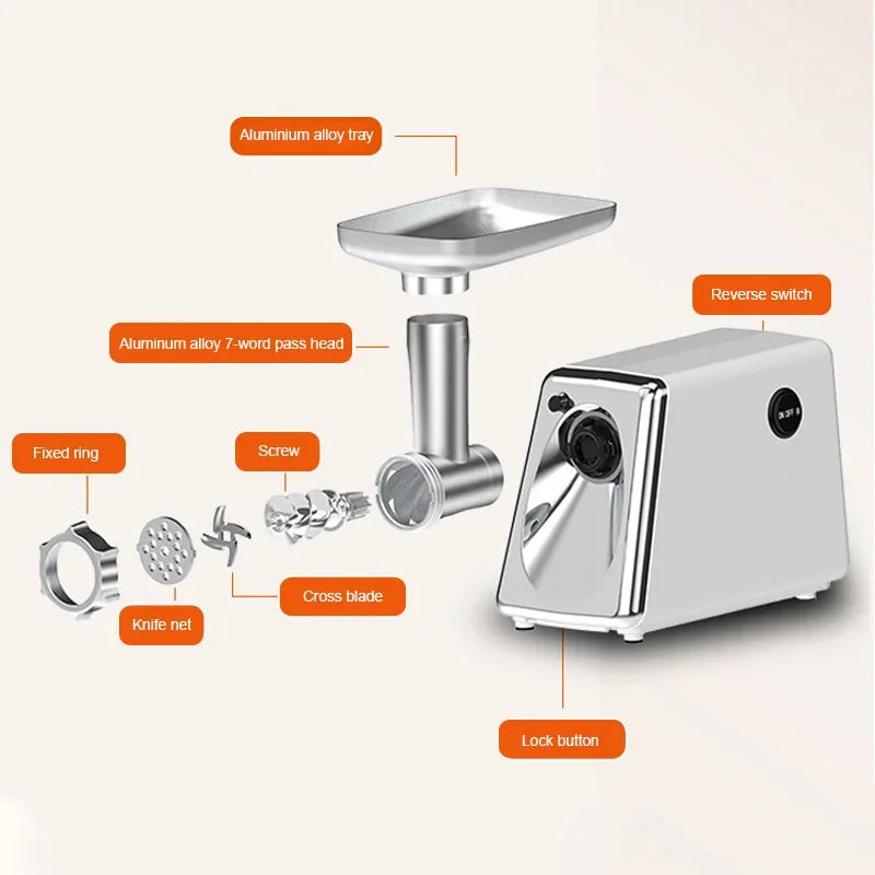 Picadora de carne eléctrica, máquina para hacer salchichas con 3 placas de molienda, empujador de alimentos, picadora de carne, exprimidor, picadora de alimentos para el hogar y la cocina
