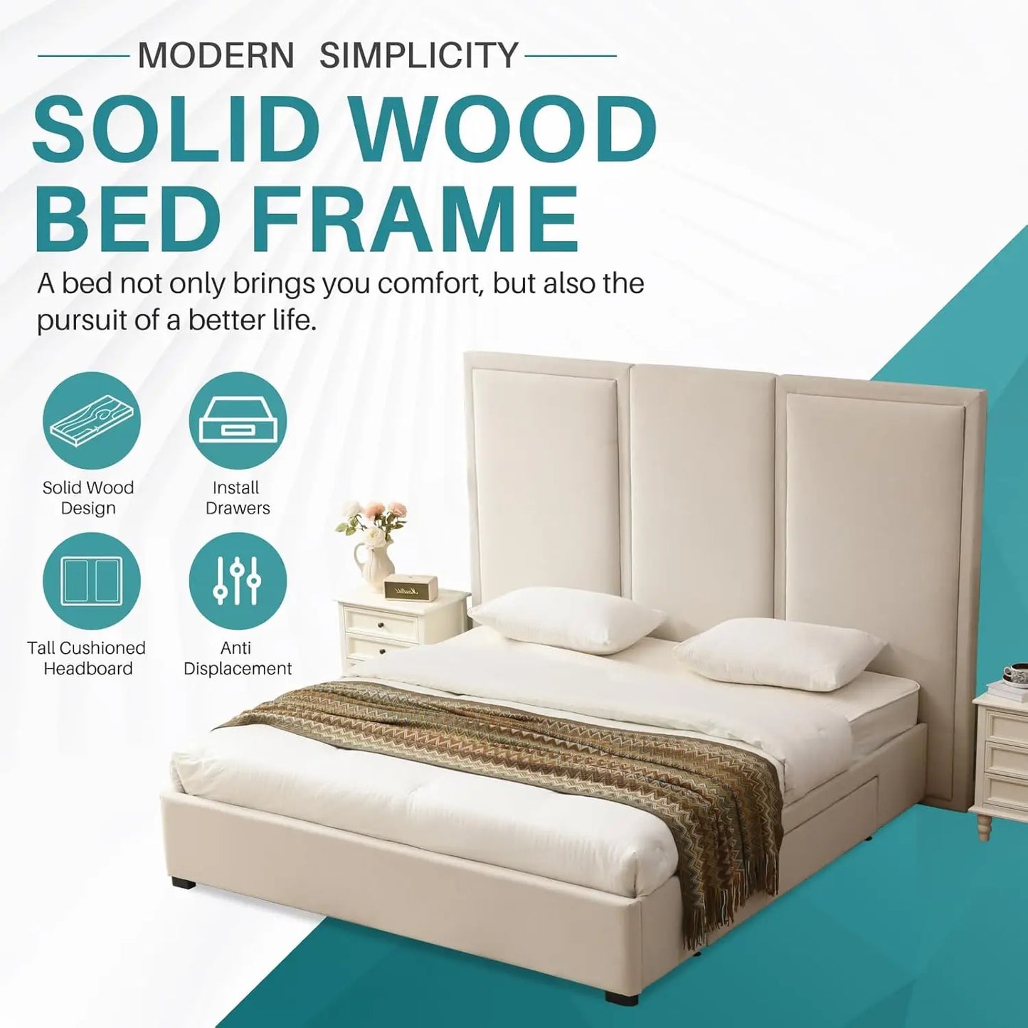 Estructura de cama tamaño King con cabecero alto de 64 pulgadas, cama con plataforma tapizada de lino simple y aireada con cajones de almacenamiento, listones de madera,