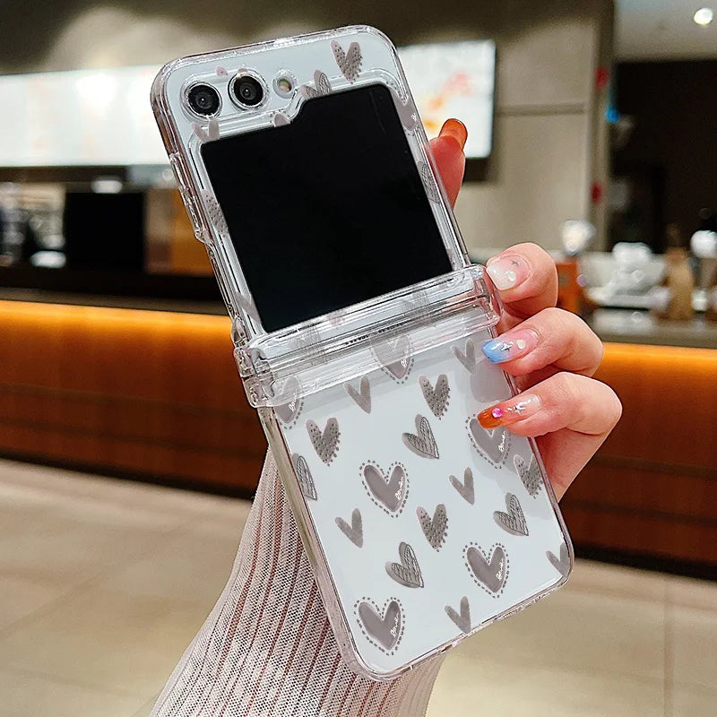 Funda de teléfono transparente con diseño de flor de amor para Samsung Galaxy Z Flip7 FE Flip 7 6 5 4 3 5G Flip5 Flip6, funda dura para PC a prueba de golpes
