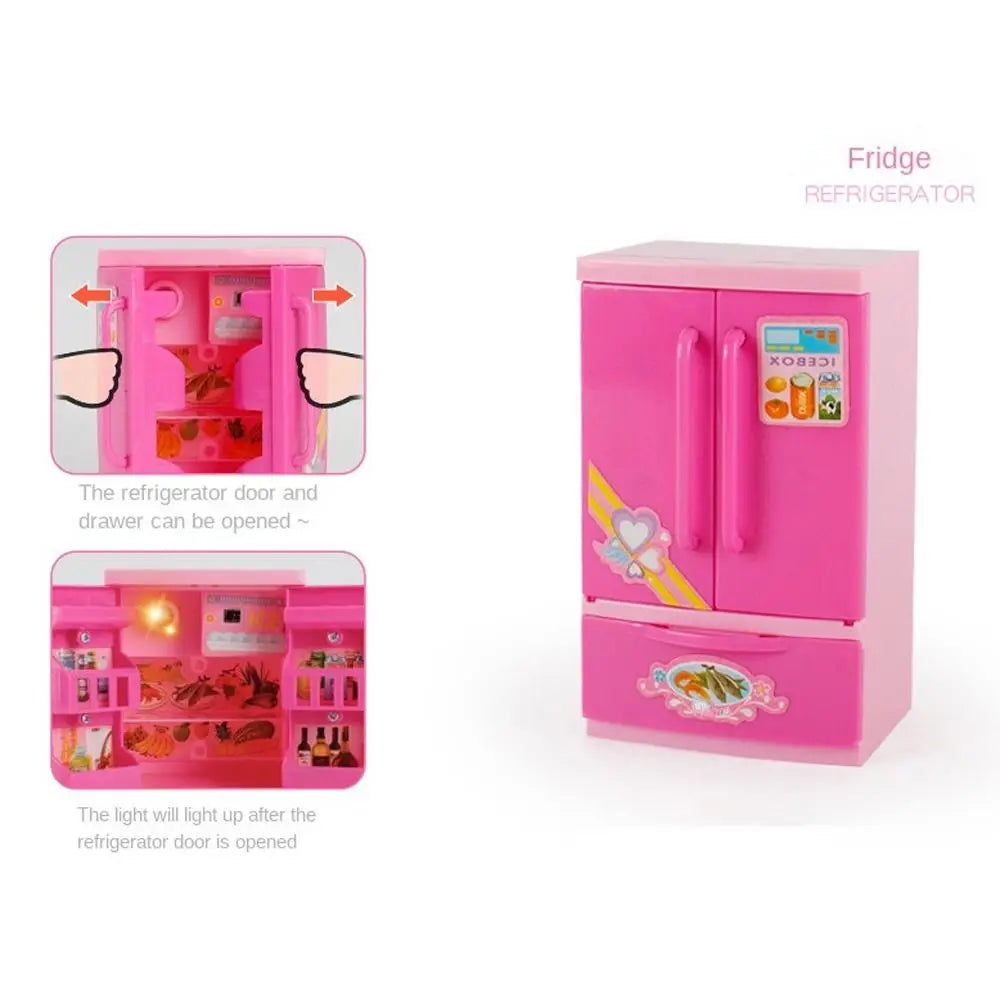 Casa de juegos de cocina simulada para niños, pequeños electrodomésticos, refrigerador, secador de pelo por microondas, máquina de café, hervidor eléctrico de juguete