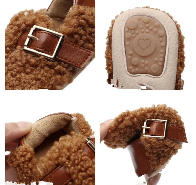Zapatos para caminar estilo INS para bebés, niños y niñas, primeros pasos, de felpa, gruesos, suaves, cálidos, para invierno y otoño, zapatos de moda