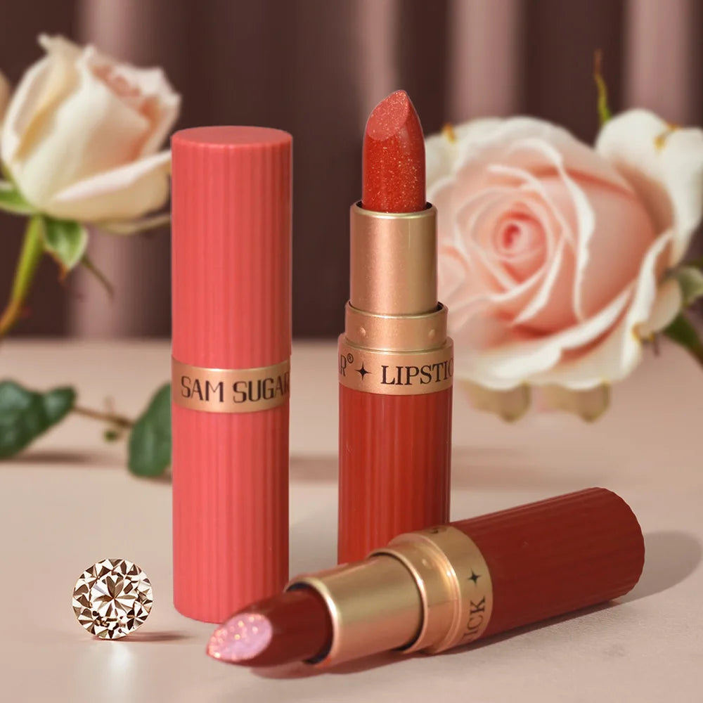 Lápiz Labial Rojo Chocolate Diamante, Lápiz Labial de Terciopelo con Brillo Perlado, Brillo Labial Metálico Brillante a Prueba de Agua, Maquillaje de Larga Duración