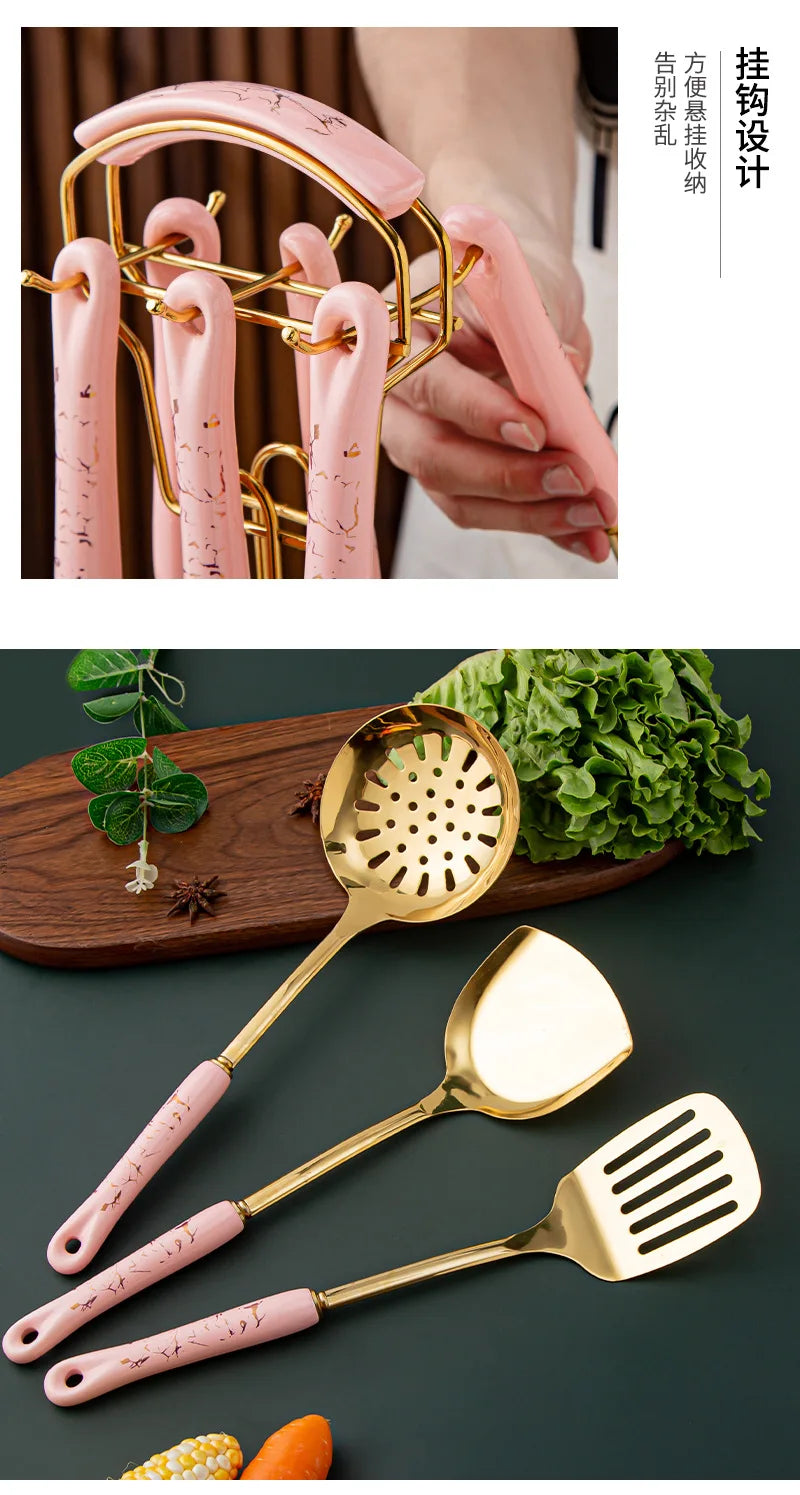 Espátula de acero inoxidable con mango de cerámica, juego de utensilios de cocina nórdicos, 7 unidades