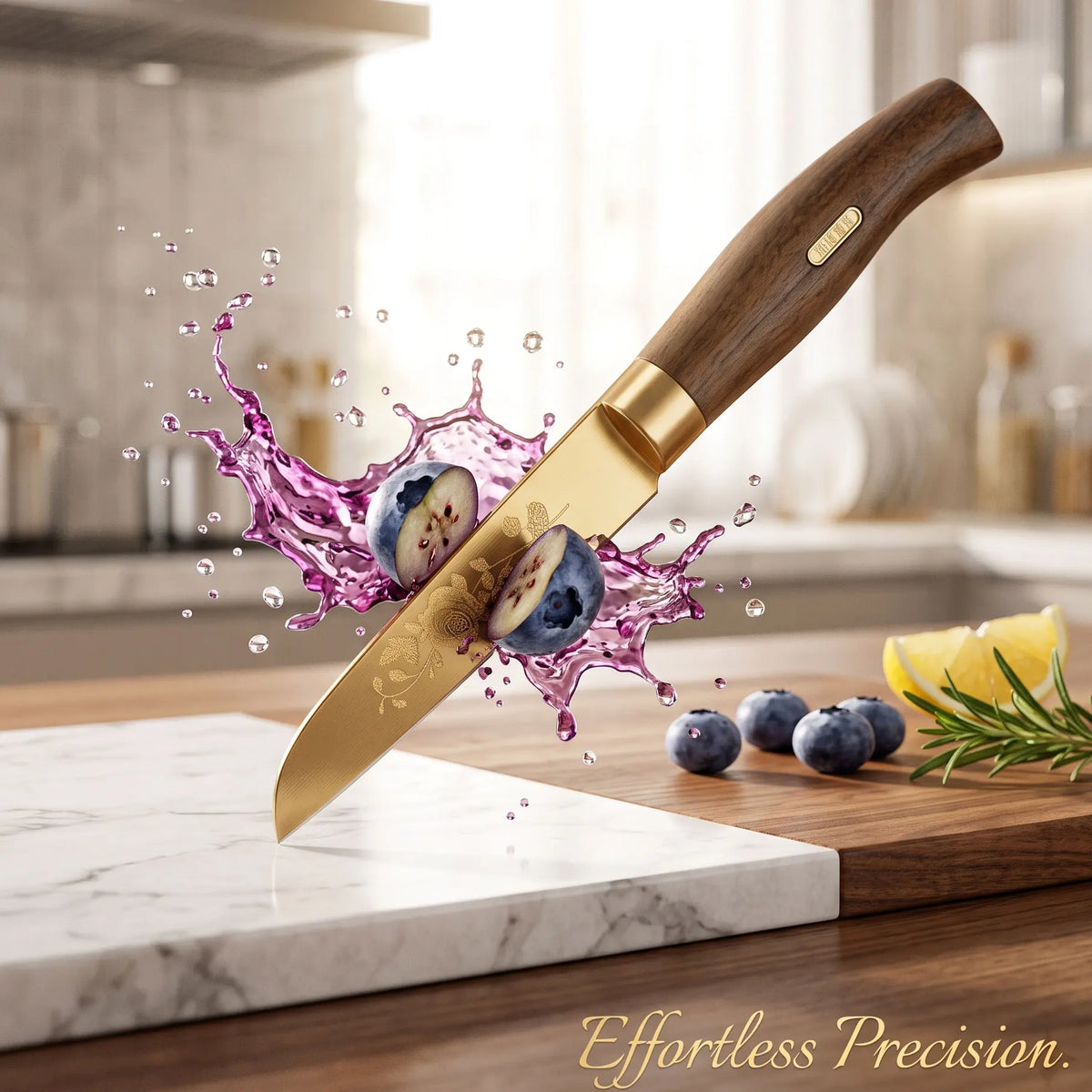 Juego de cuchillos de cocina de lujo dorados, ultra afilados, con hoja de acero inoxidable de primera calidad con revestimiento de titanio y mango de madera para cocinar, 4 piezas