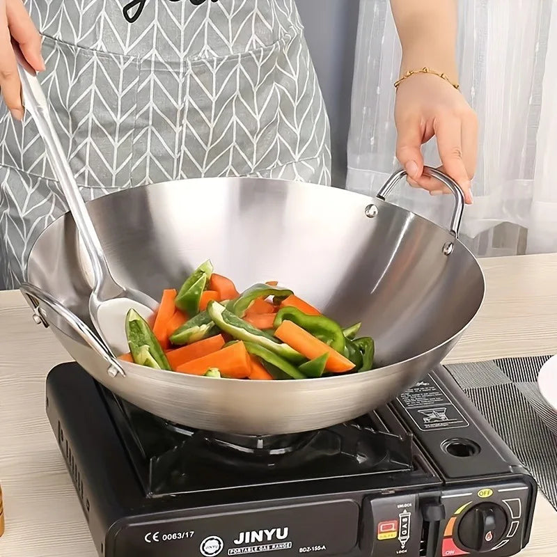 Wok grande de acero inoxidable, sartén de Chef duradera gruesa sin recubrimiento de alta calidad con asas dobles, fácil de limpiar para uso comercial, 1 ud.