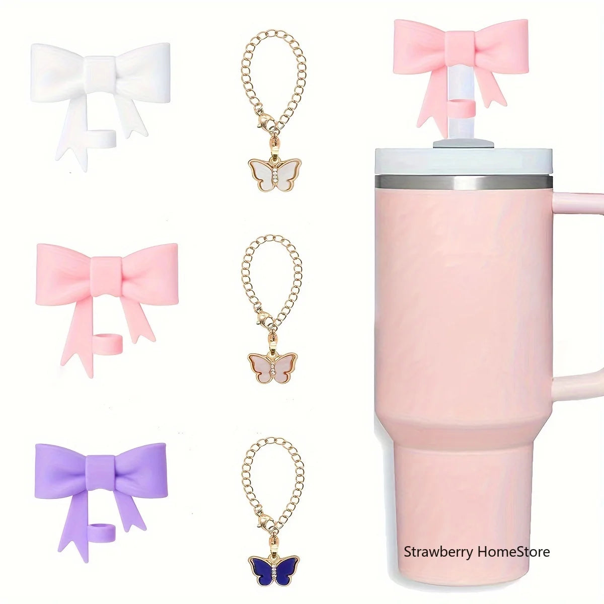 Juego de 3 Cubiertas de Silicona para Vasos con Diseño de Lazo y Cadena de Mariposa Rosa, Accesorios para Vasos de 30/40 oz ﻿