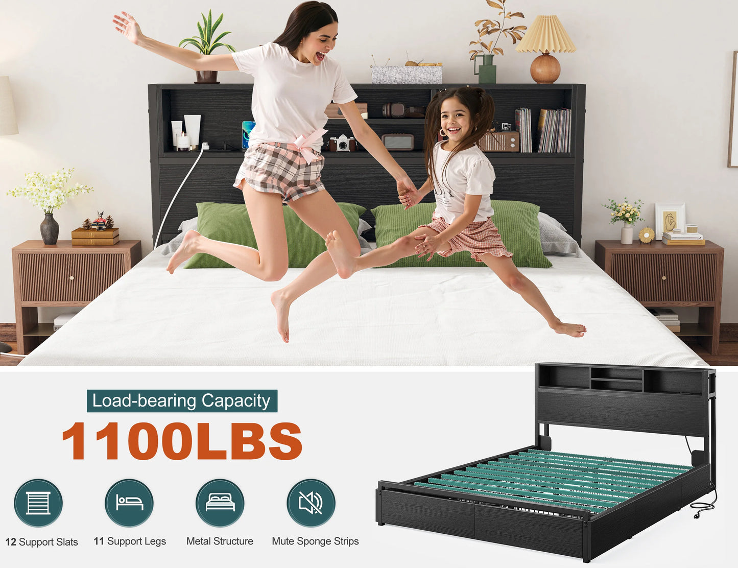 EnHomee - Base de Cama Matrimonial/Queen/King con 6 Cajones de Almacenamiento y Estación de Carga, Base de Cama de Plataforma Metálica con Cabecera con Librero, Sin Ruido