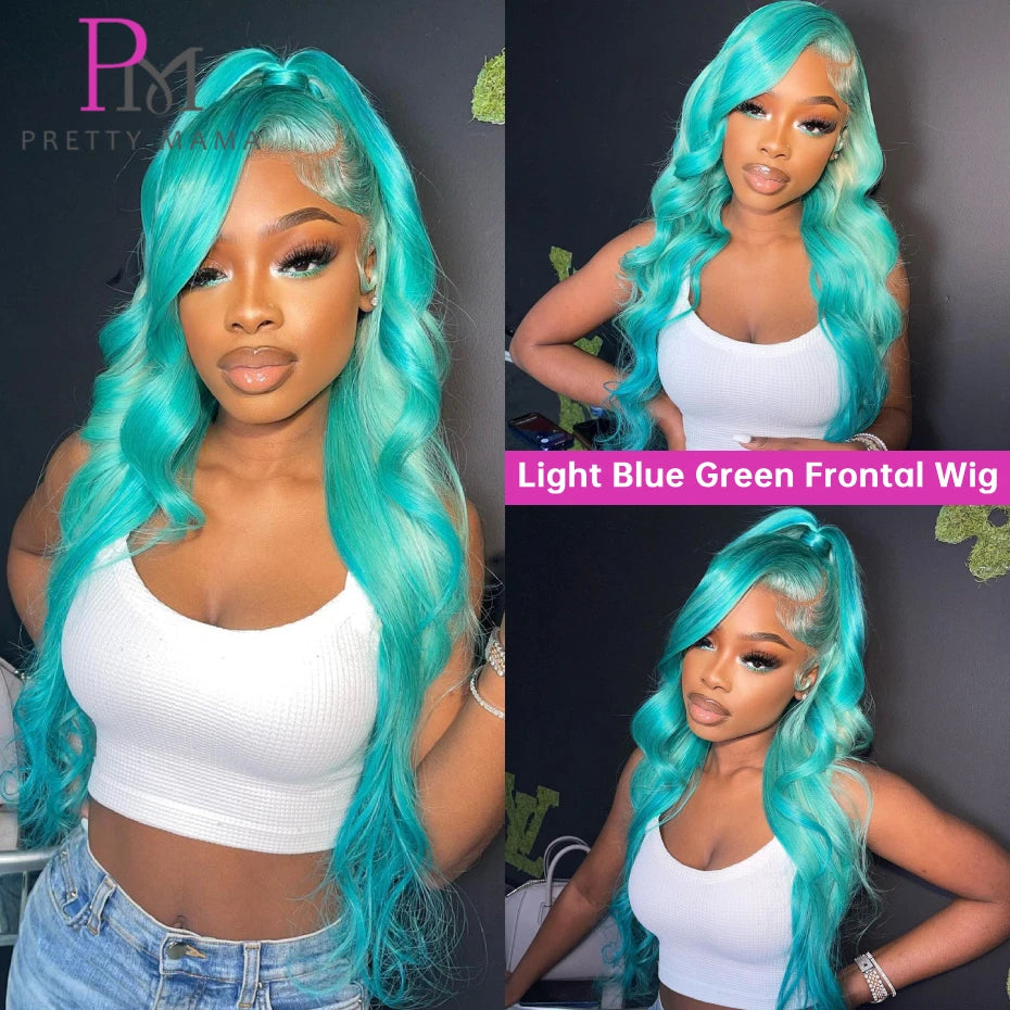 Peluca con malla Frontal azul cian 13x6, cuerpo ondulado, peluca con malla Frontal verde claro, cabello humano prearrancado Rubio 613, pelucas frontales de encaje para mujer