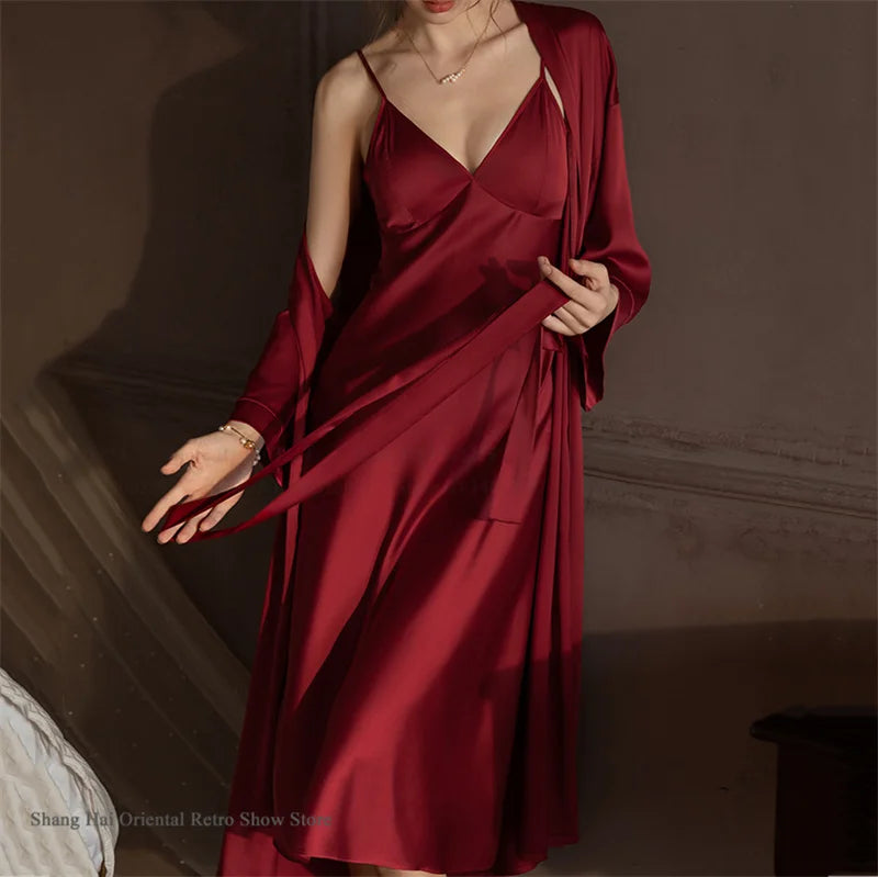 Elegante Conjunto de Bata Larga para Mujer, Lencería Sexy, Ropa de Dormir, Kimono Holgado, Bata de Baño, Vestido de Casa de Satén Sedoso, Ropa de Estar