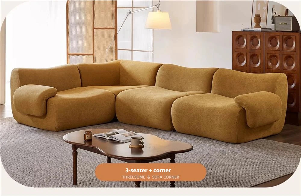Sofá modular comprimido al vacío, seccional de tela Wabi-Sabi Sherpa con espuma muy elástica, estilo crema de mediados de siglo, ahorro de espacio