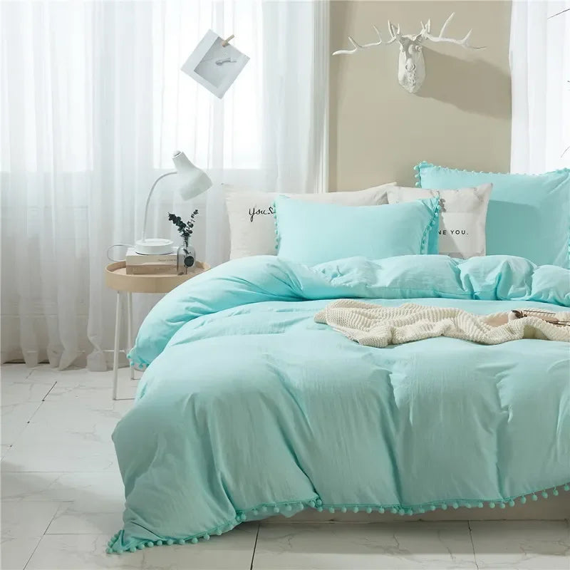 Funda de edredón suave y lavada, Juego de 3 piezas, funda de almohada, juego de ropa de cama para Twin, Full, Queen, King Size, decoración de pompones