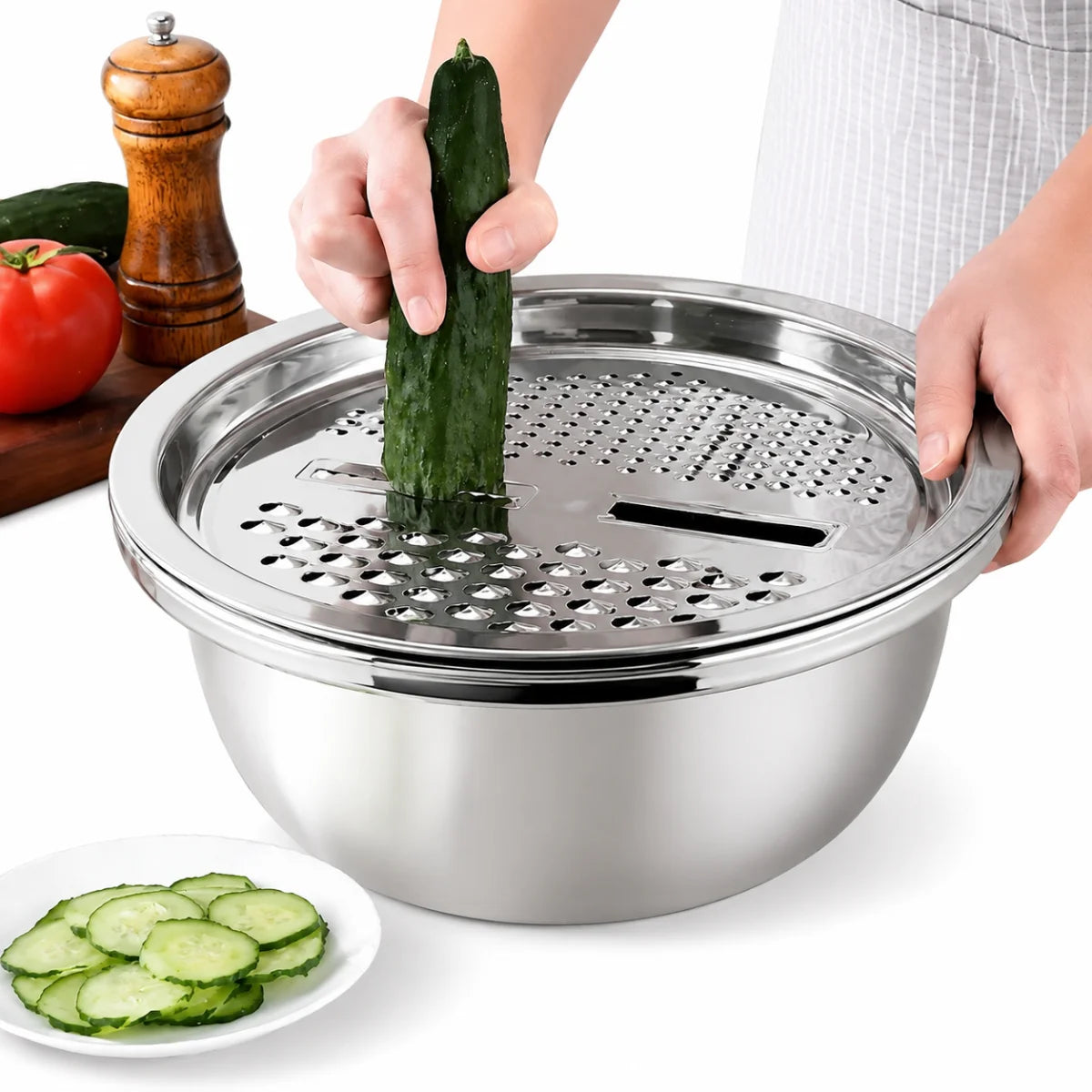 Juego de 3 Utensilios de Cocina de Acero Inoxidable, Tazón para Mezclar Multifuncional, Cortador de Verduras, Pelador de Frutas