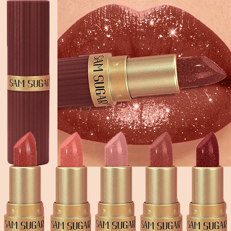 Lápiz Labial Rojo Chocolate Diamante, Lápiz Labial de Terciopelo con Brillo Perlado, Brillo Labial Metálico Brillante a Prueba de Agua, Maquillaje de Larga Duración