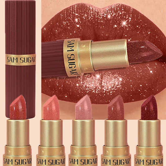 Lápiz Labial Rojo Chocolate Diamante, Lápiz Labial de Terciopelo con Brillo Perlado, Brillo Labial Metálico Brillante a Prueba de Agua, Maquillaje de Larga Duración