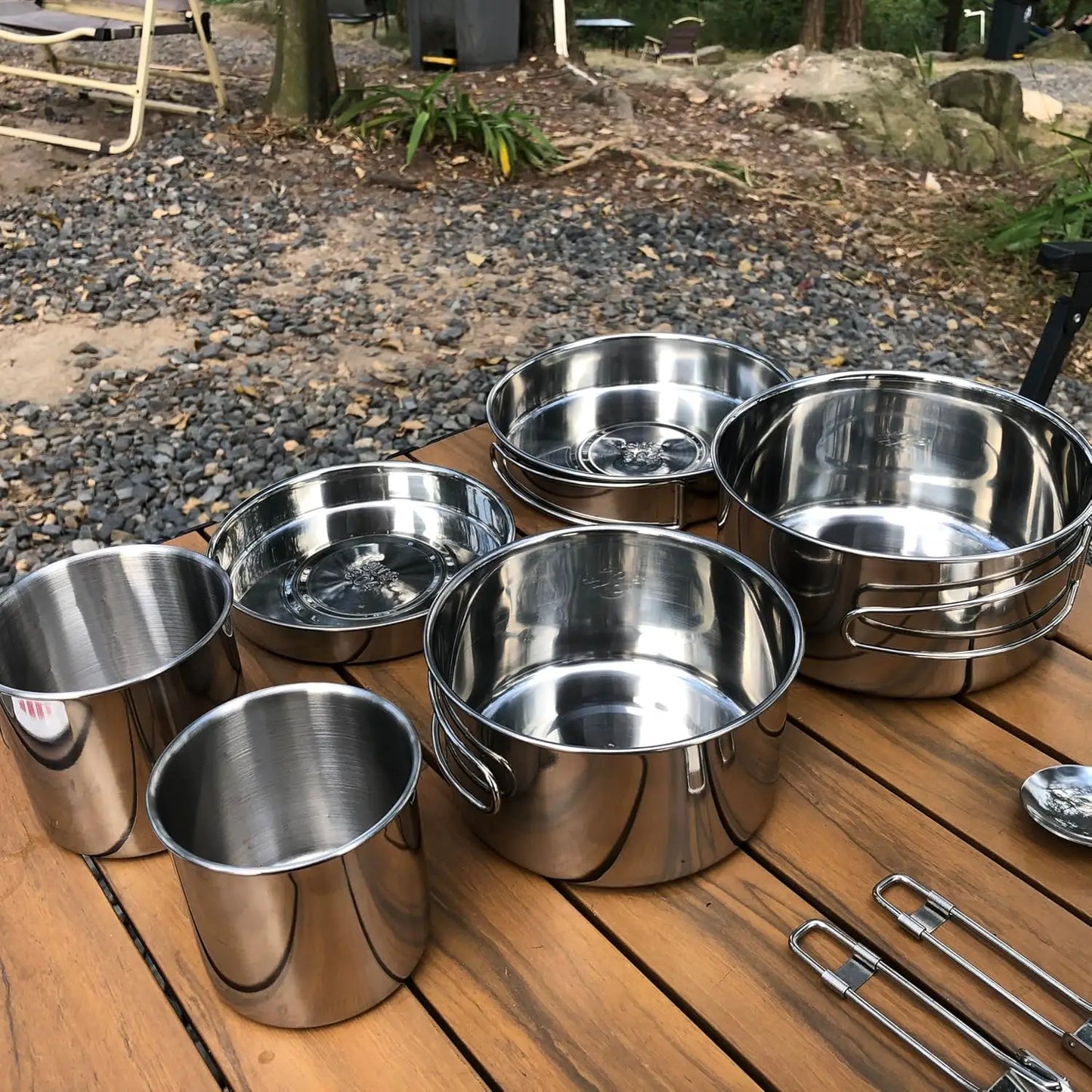 Juego de utensilios de cocina para acampar, olla de cocina de acero inoxidable con sartén, utensilios de cocina portátiles para exteriores, olla para Picnic, mochilero, Camping y senderismo
