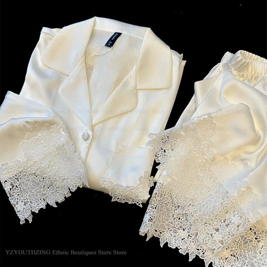 Conjunto de pijamas para mujer, ropa de dormir de satén blanco con encaje, ropa de dormir para novia y boda, regalo para el hogar, traje de pantalón holgado Sexy de manga larga, ropa de descanso