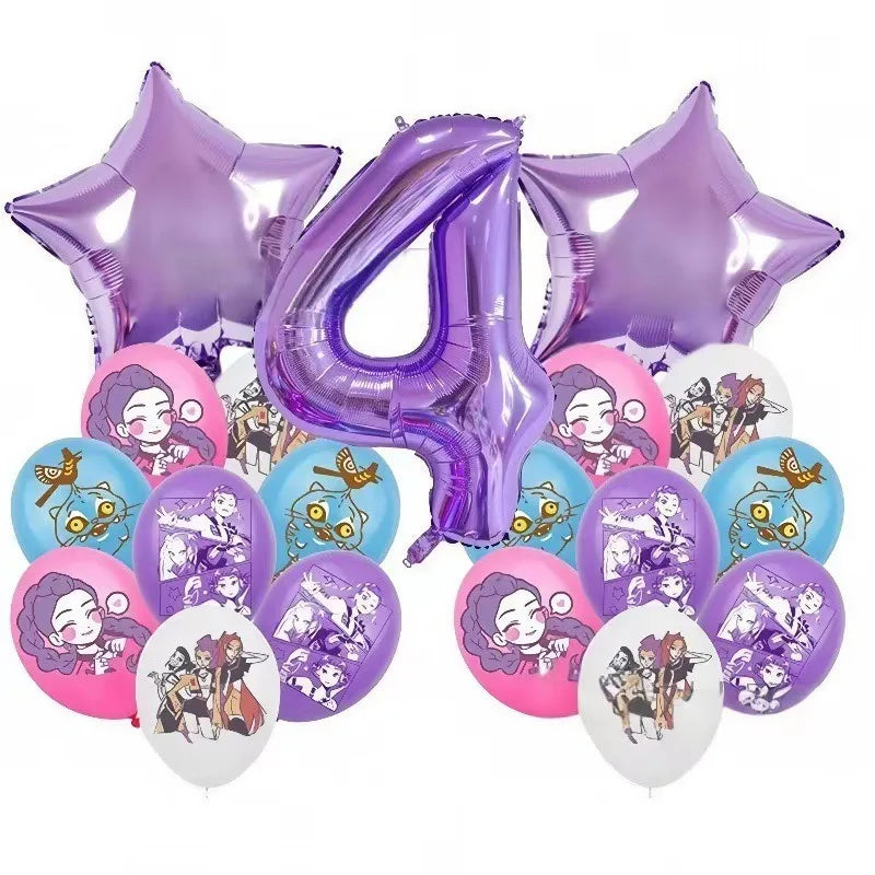 Set de Globos de Aluminio K-Pop para Grupo de Chicas, Números del 1 al 9 y Globos de Estrellas Púrpuras, Adornos para Pastel para Fiestas de Cumpleaños y Accesorios para Fotos