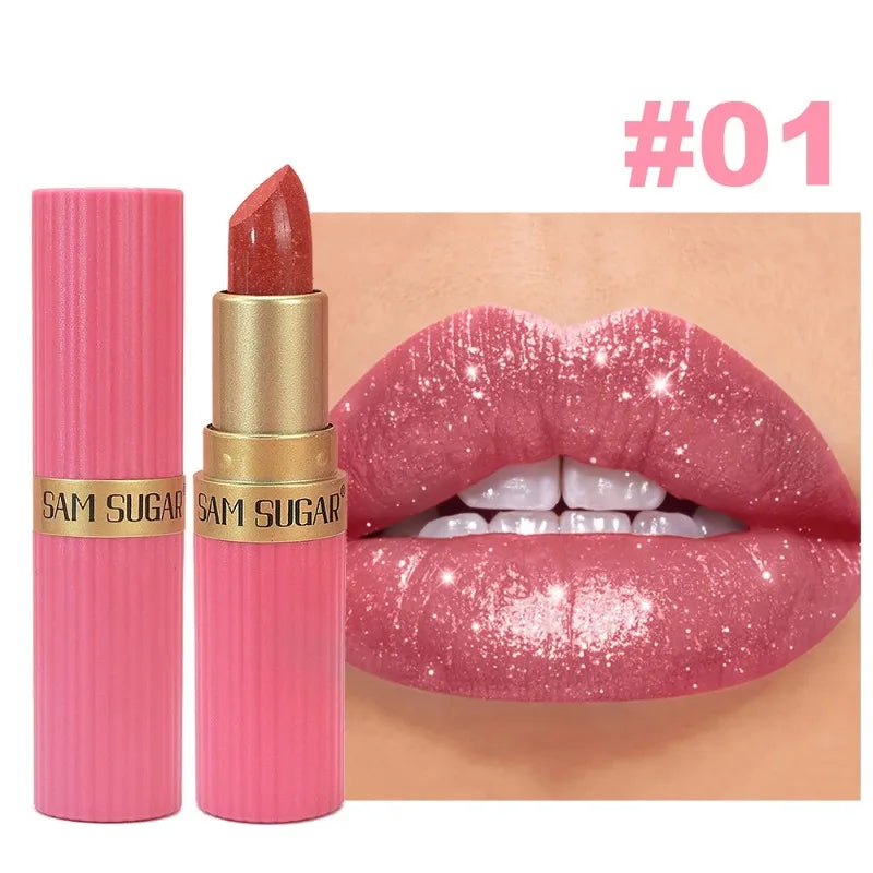 Lápiz Labial Rosa Perlado con Brillo, Metálico, Impermeable, de Larga Duración, Mate, Color Nude, con Destellos de Diamante, Maquillaje Sexy para Mujer