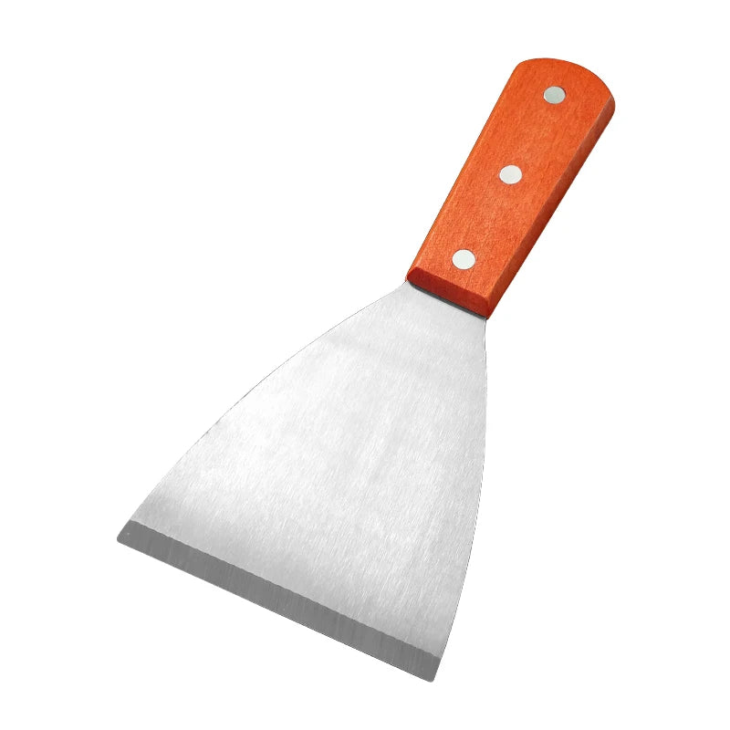 Espátula oblicua de acero inoxidable para carne, hamburguesa, panqueque, Pizza, pala raspadora, mango de madera, utensilios de barbacoa, herramientas de cocina