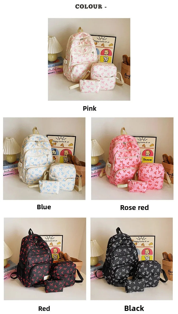 Juego de 3 Bolsas Escolares con Lazo, Mochila de Gran Capacidad, Mochila Casual de Viaje, Mochila Versátil, Bolsa Cruzada, Bolsas para Niñas