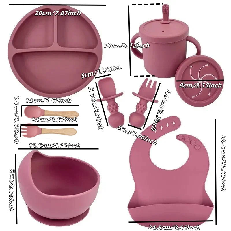 Juego de platos de silicona de grado alimenticio para niños, tazón de alimentación de bebé, plato de succión, taza de paja, cuchara de madera, tenedor, vajilla para niños, platos para niños pequeños