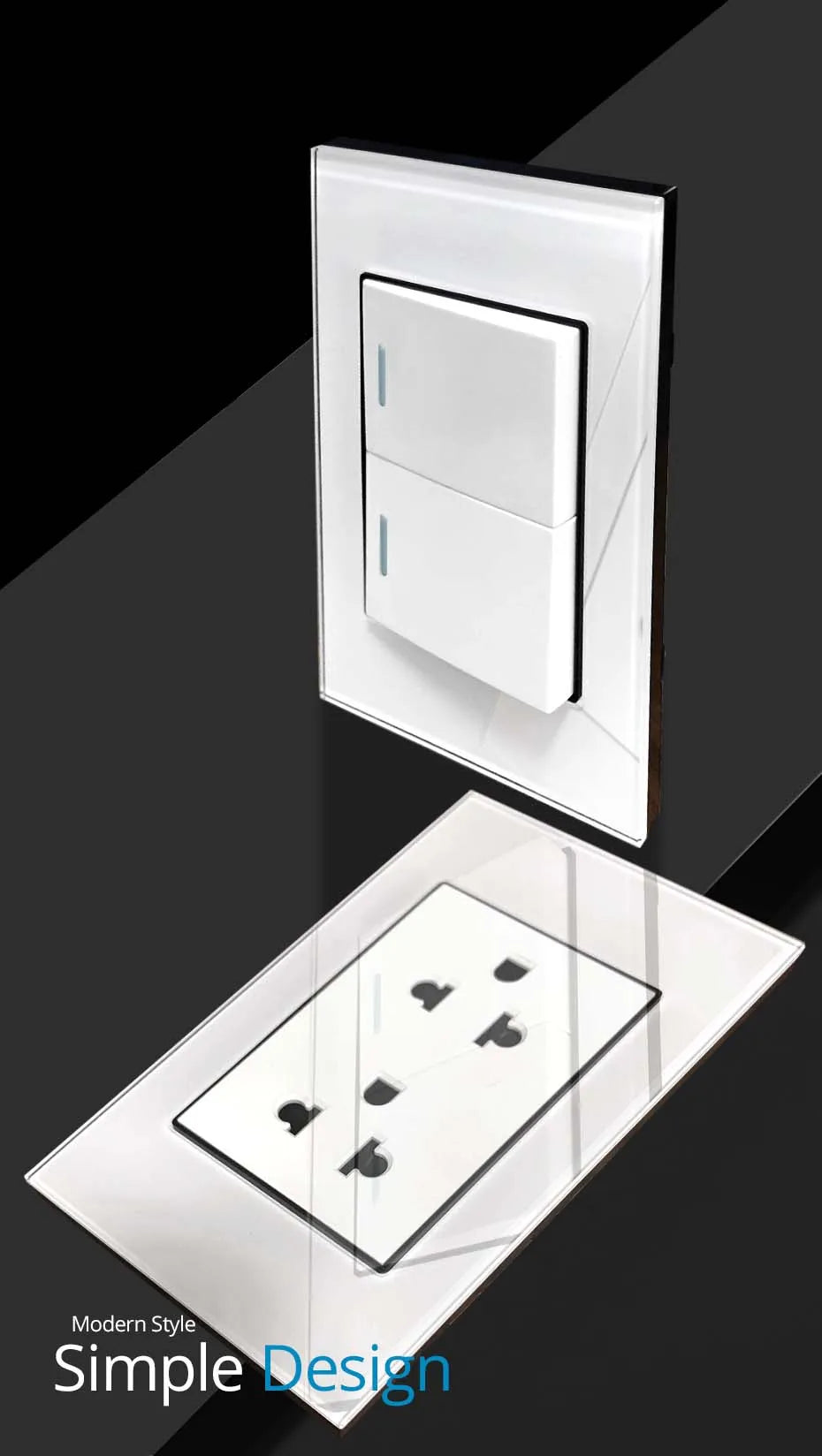Wallpad Panel de vidrio templado blanco interruptor de luz de pared UE Reino Unido italiano Chile enchufe botón basculante 118*75mm 16A AC110-250V