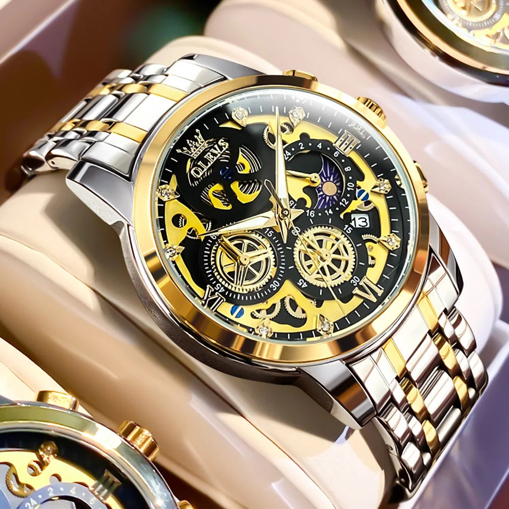 Relojes OLEVS para hombre, marca superior, reloj de cuarzo Original resistente al agua de lujo para hombre, estilo esqueleto dorado, 24 horas de día y noche, nuevo