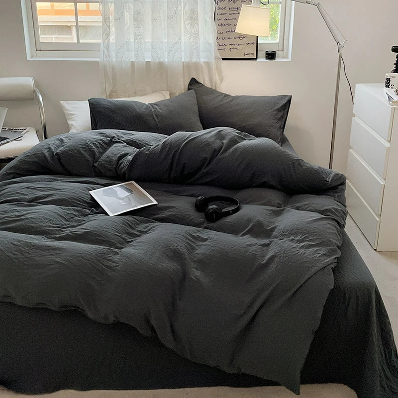 Juegos de fundas de edredón gris oscuro a la moda, fundas de edredón cepilladas, juegos de cama individual doble Queen, funda de almohada para niños, funda de edredón sólida